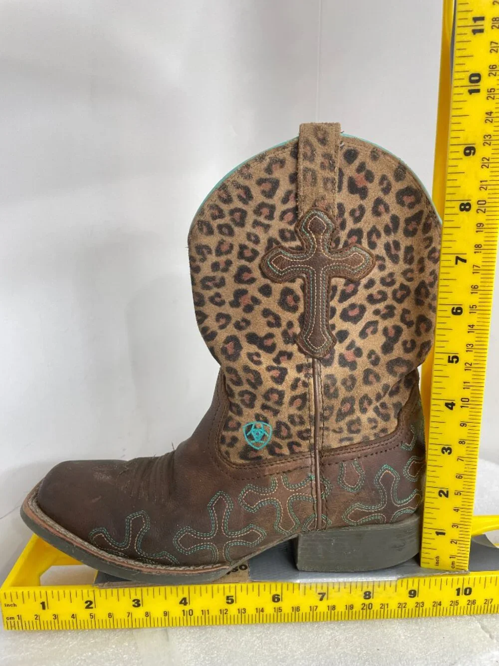 Ariat Crossroads Leopard Cross Leather Western Square Toe Boots Girls Kids 1